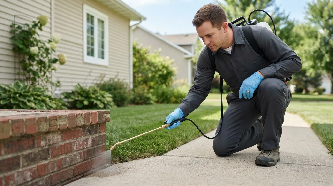 Pest control technician treating a home near Satanta, KS